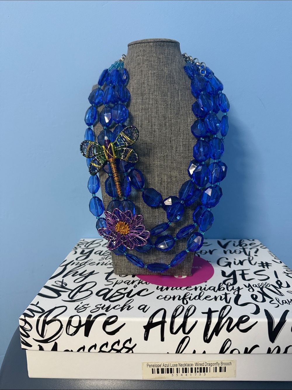 Sassy Jones Penelope Blue Necklace with Floral Dragonfly Brooch
